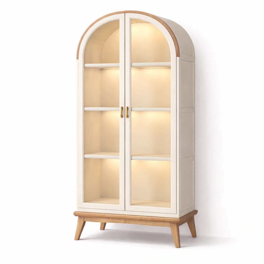 Vitrine mit gewoelbter Form und Glasfront-Olvique